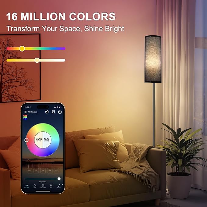 FRIDEKO HOME Floor Lamp, Color Changing Ambient Lighting for Living Room Bedroom, Standing Lamp with App & Remote Control, Tall Corner Lamp for Christmas Home Decor, 9W 800LM, Foot Switch, Black Shade
