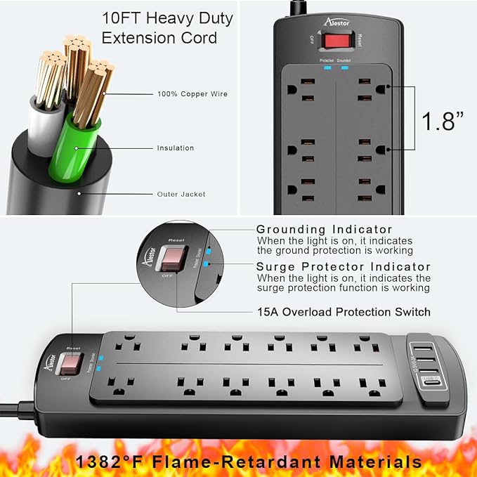 Power Strip Surge Protector - ALESTOR 10 Feet Extension Cord (1875W/15A) with 12 Outlets and 4 USB Ports, 2700 Joules, for Home, School, College Dorm Room, and Office, ETL Listed, Black