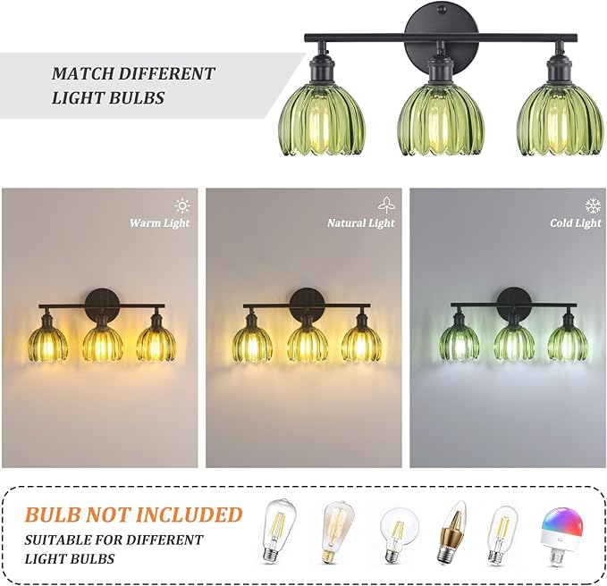 Shenmoyl Bathroom Light Fixtures, 3-Light Black Vanity Wall Light Over Mirror with Green Tulip Glass Shade for Bedroom Living Room (Bulb Not Included)