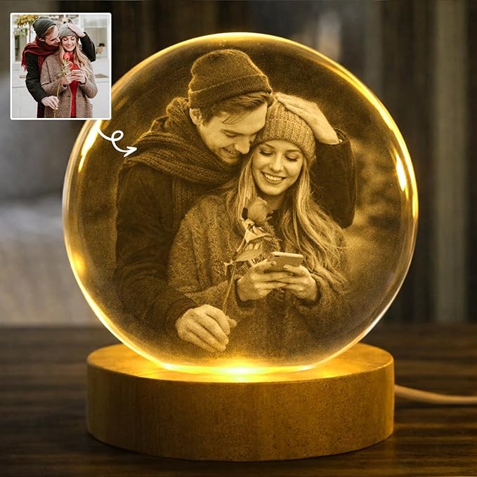 Herihues Personalized 3D Photo Crystal Ball, Custom Engraved Picture Lamp with Wood Base, Night Light for Family, Gifts for Husband Wife Valentines Day, Christmas, Personalized Gifts, Photo Led Light