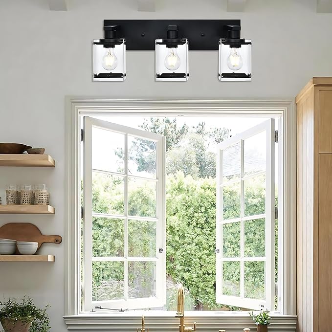 WINSHEN 3-Light Black Bathroom Light Fixture Over Mirror, Vanity Wall Lighting with Rectangular Clear Glass, E26 Bulb Base