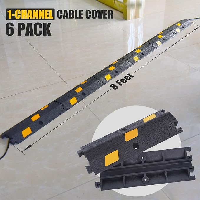 OranLite 6 Pack 1-Channel Rubber Cable Protector Ramp, 17" x 6" x 1.3" inch Interlocking Floor Wire Cord Cable Cover, Visible at Night, Durable Rubber Speed Bump Hump Ramp (1-Channel 6 Pack)