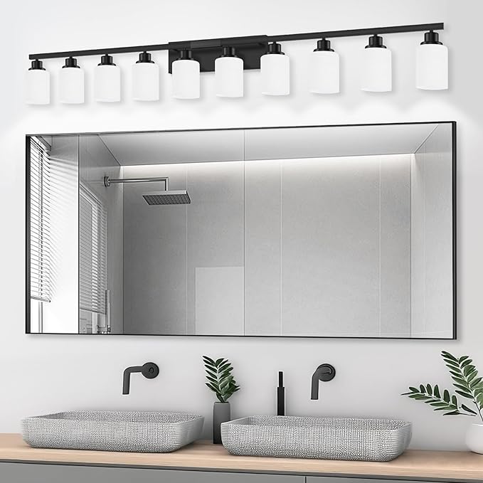 DIKAIDA 10 Light Bathroom Vanity Lights Over Mirror, 65.4 inch Black Vanity Lights Fixtures with White Glass Shades Matte Black Modern Vanity Lights Black Bathroom Wall Lighting for Mirror Bedroom