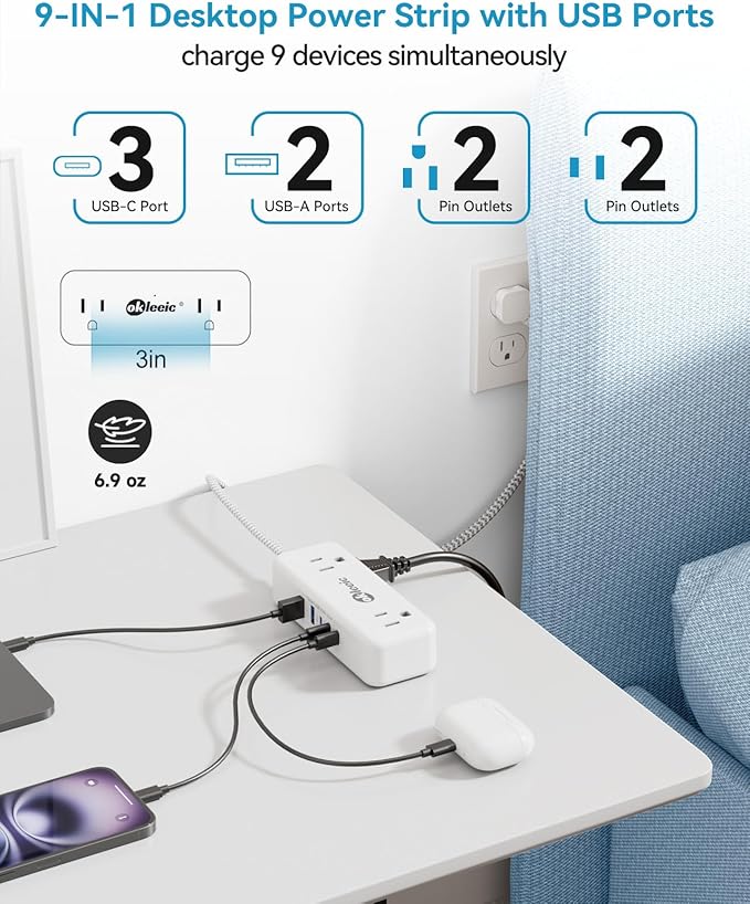 Power Strip with USB C, Small Extension Cord with 4 Outlets & 2 USB-A and 3 USB-C Ports 4.8A/24W Charging Station, 3 Ft 2 Sides Outlet Extender Non Surge Protector for Cruise Ship Travel Office Dorm