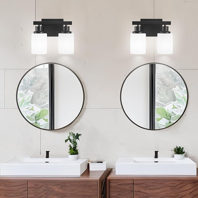 DIKAIDA Bathroom Light Fixtures Over Mirror, 2-Light Modern Matte Black Vanity Lights with White Frosted Glass Shade, Bathroom Wall Lamp Sconces for Mirror Bedroom, Living Room Hallway Small Space