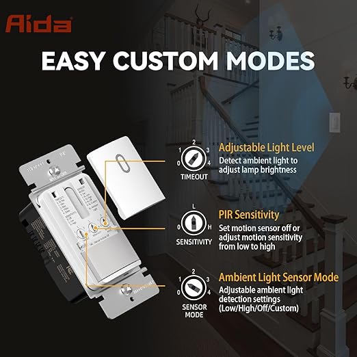AIDA Single Pole Motion Sensor Light Switch w/Neutral Wire - 120° PIR Infrared Activation - CFL/LED/MLV/INC/HAL/Fan Compatible - UL Certified - 4 Pack,Matte White