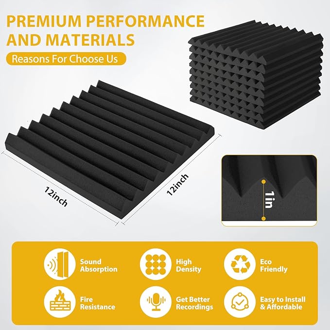 24 Pack Acoustic Foam Panels 1" x 12" x 12" Sound Proof Foam Panles Saiqiang Soundproofing Noise Absorbing Wedge Black Panels for Wall Studio Foams with Double-Side Adhesive