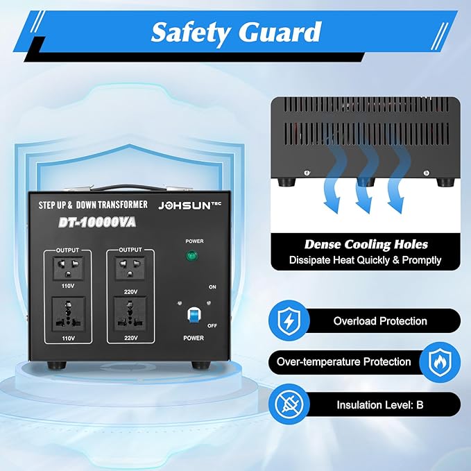 8000W/10000W Voltage Converter Transformer Step Up/Down 110V/220V Heavy Duty Transformer Power Converter Automatic Voltage Regulator Voltage Converter Circuit Breaker Protection (DT-10000VA)