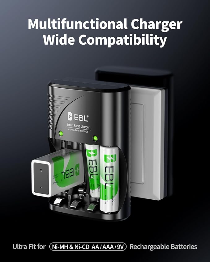EBL 4-Bay Battery Charger for AA & AAA Rechargeable Batteries with Rechargeable AA NiMh Batteries, 4 Count, Battery Charger with Foldable Wall Plug