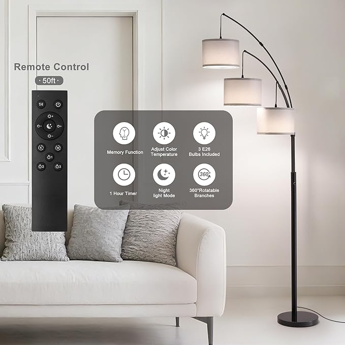 Fansdrick Floor lamp with Remote, 3 Light Arc Floor Lamps for Living Room, 2400LM Tall Standing Floor Lamps with Gray Shades, 80" Large Floor Lamp for Bedroom, Office