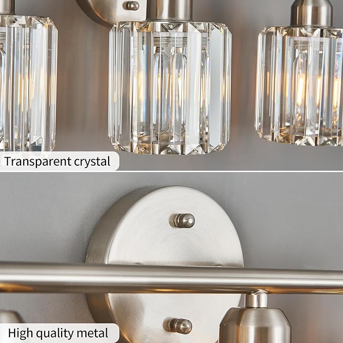 FDPBY Modern 3 Light Crystal Vanity Light, Brushed Nickel Vertical Bathroom Light Fixture Over Mirror for Dressing Table Sink, Compatible with Dimmable Bulbs (Bulbs Not Included)