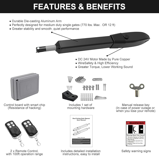 JUJIANG Automatic Gate Opener with Remote Complete Kit for Single Swing Gate Up to 770lb 16FT, Electric Gate Openers Medium Duty Single Swing Gate Opener Automatic Gate Motor 60W AC Powered PKM-C026