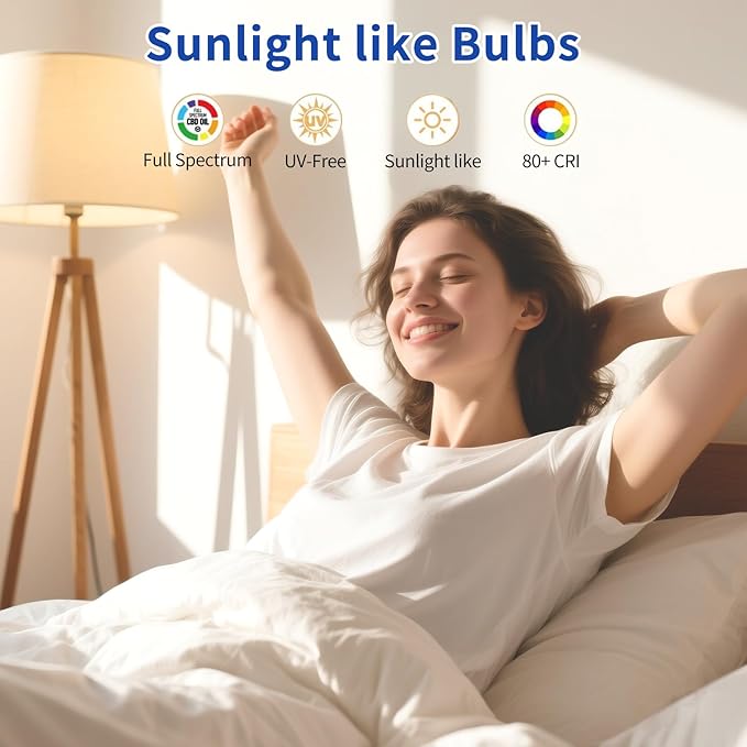 LQ BSDERA 4PK Full Spectrum Light Bulbs, 9W, 6000K Natural Light That Mimic Sunlight, Boosts Mood, Energy, Focus, A19, Sunlike Happy Light Bulbs with E26/27 Base for Most Lamps