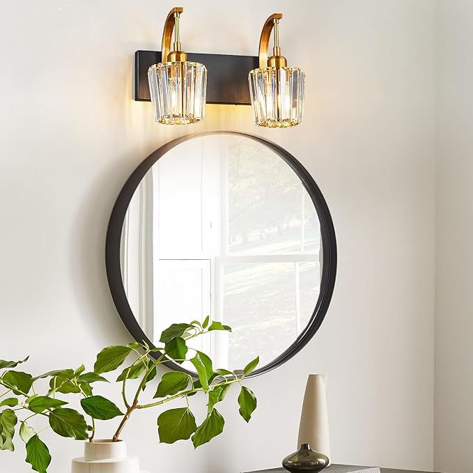 FDPBY Modern Bathroom Vanity Light, 2-Light Black Gold Wall Sconce with Crystal Accents, Over Mirror Bathroom Lighting Fixture, 13.77" Long Dimmable Vanity Lamp for Makeup, Easy Installation