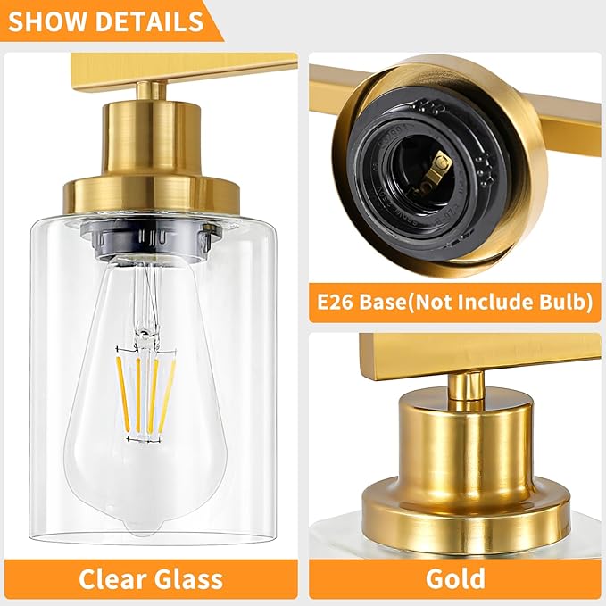 DIKAIDA 3 Light Gold Bathroom Light Fixtures, Bathroom Vanity Light Over Mirror, Gold Wall Sconce Vanity Lighting with Clear Glass Shade,Modern Farmhouse Bath Wall Lamp for Mirror Kitchen