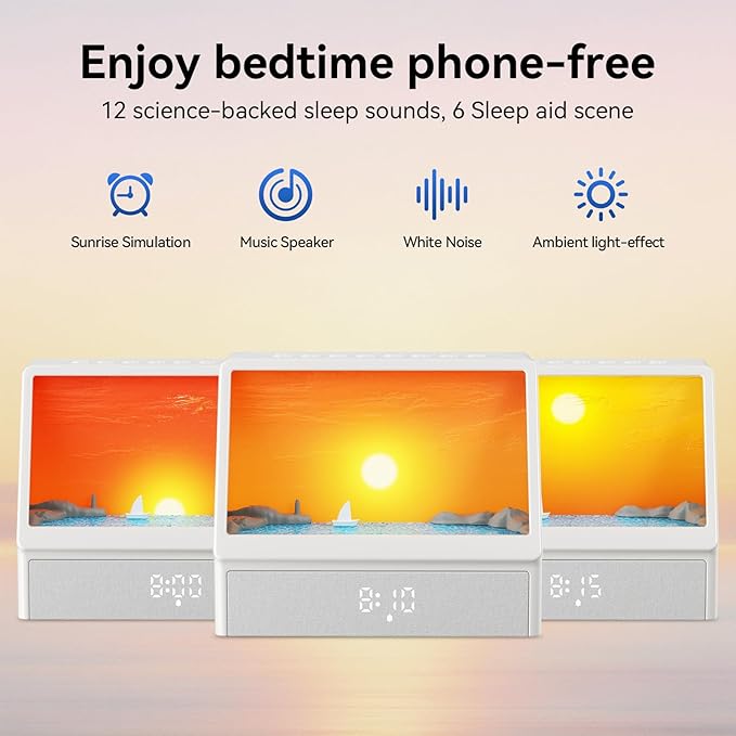Sunrise Alarm Clock with Sound Machine for Bedrooms Heavy Sleepers,Smart Wake Up Light Sunrise Alarm Clock White Noise Machine for Adults Kids(White)
