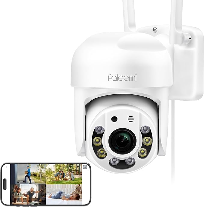 faleemi 2K WiFi Security Camera for Home with Cell Phone App Control, Color Night Vision, Ai Motion Detection, Auto Tracking, 2 Way Audio, Waterproof, Local/Cloud Storage, Compatible with Alexa