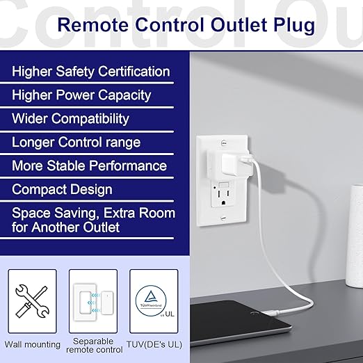 Remote Control Outlet,Greencycle 1 Remote Outlet and 2 Switches,Wireless Remote Control Outlet Plug,On/Off Light Switch Wall Mounted,500ft Range,15A 1500W for Household Appliances,No Wiring,White