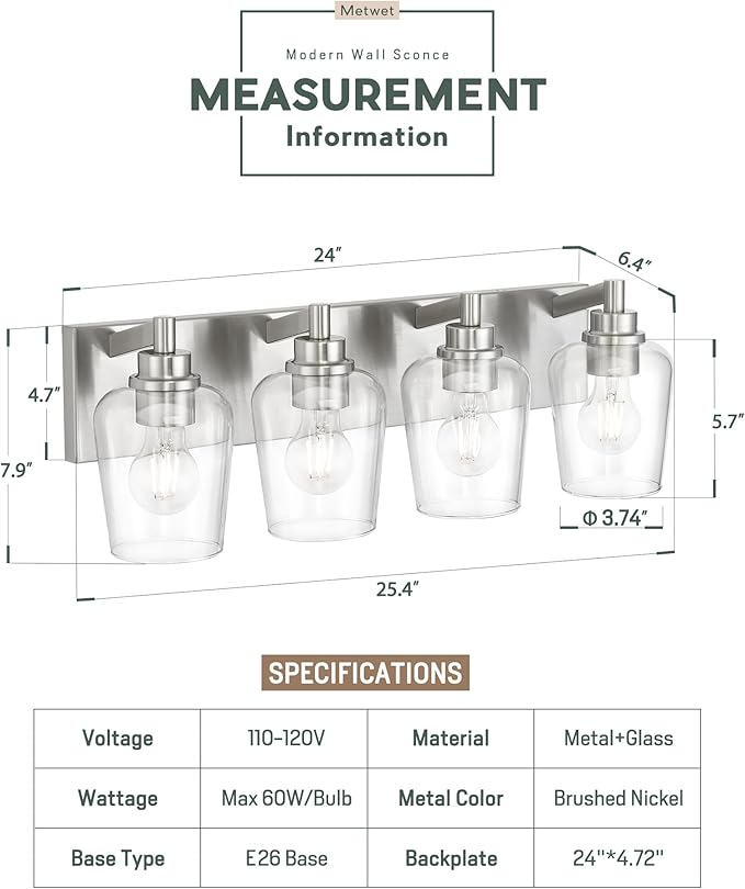 METWET Bathroom Light Fixtures, 4-Light Modern Vanity Light with Clear Glass Wine Glass-Shaped Shade, Vanity Lighting Fixtures Over Mirror, Brushed Nickel, VL155-BN-4