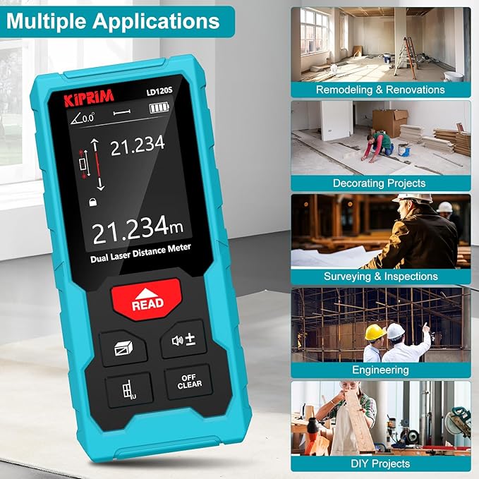 Kiprim 393ft Dual Laser Distance Measuring Tool LD120S, 120m Total Range, Electronic Level, Precise Measurements, and Pythagorean Function - Ideal for Construction, DIY, and Home Renovation