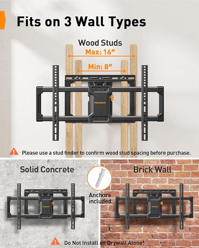 Perlegear UL Listed Full Motion TV Wall Mount for 42-90 inch TVs up to 132 lbs, TV Mount with Dual Articulating Arms, Tool-Free Tilt, Swivel, Extension, Leveling, Max VESA 600x400mm, 16" Studs, PGLF8.