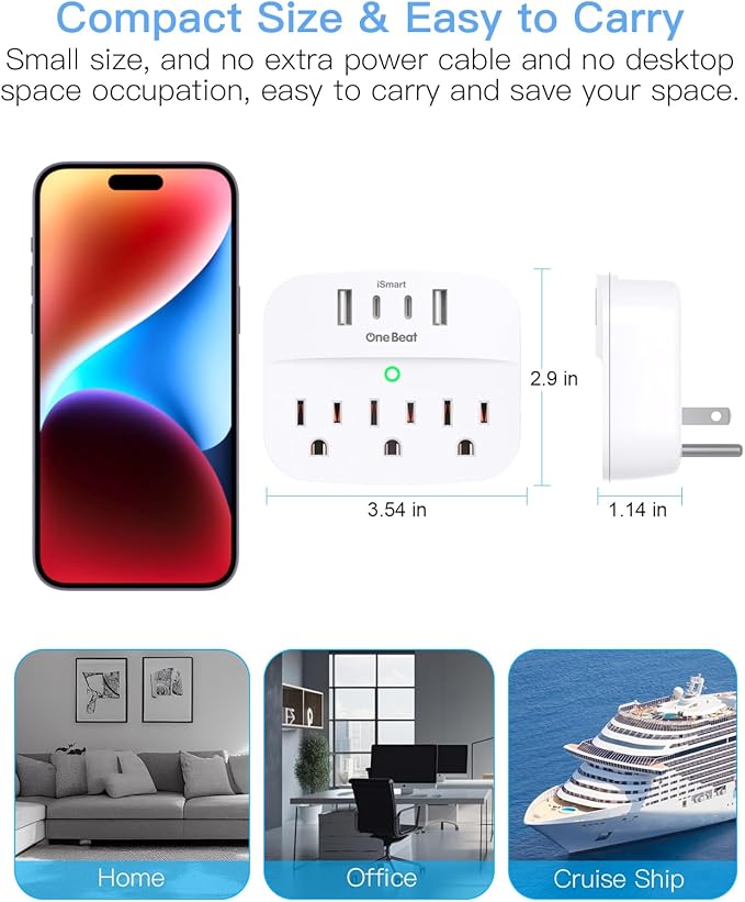 1 Pack Multi Plug Wall Outlet Splitter with USB, Non Surge Protector for Cruise Ship, Cruise Outlet with 3 Wall Outlets 4 USB Wall Charger(2 USB C), Small Travel Plug Adapter for Cruise,Travel,White
