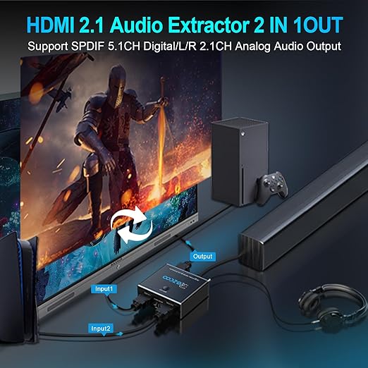 HDMI 2.1 Audio Extractor 4K 120Hz VRR ALLM HDCP2.3 HDR10 ARC Switch 2 in 1 Out Audio Converter- SPDIF 5.1CH Optical Toslink,Stereo Audio Breakout, Repeater Digital for PS 5, Xbox X NVIDIA AMD