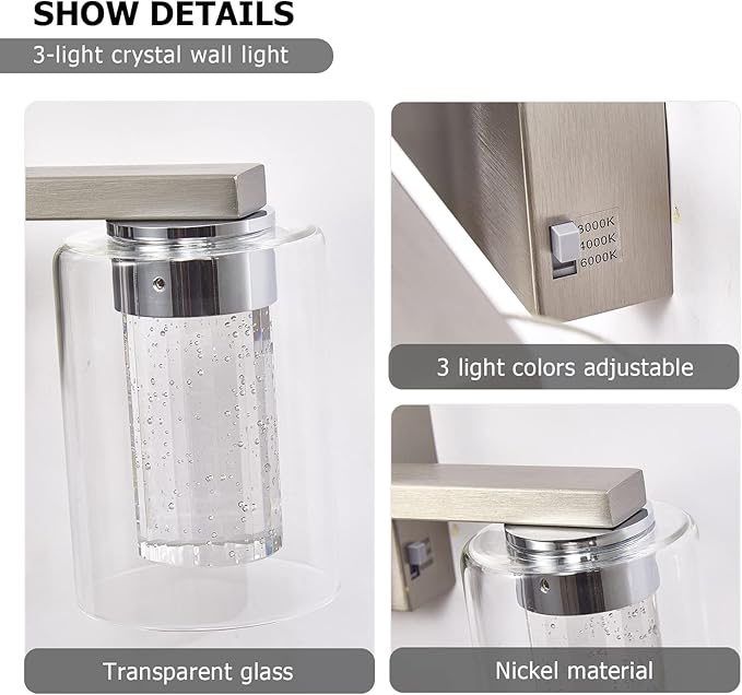 SADENICEL Brushed Nickel Vanity Lights, 3-Light Bathroom Light Fixtures, Crystal LED Bathroom Lights Dimmable White/Neutral/Warm Light with Clear Glass Shade for Bathroom Bedroom Hallway Lighting