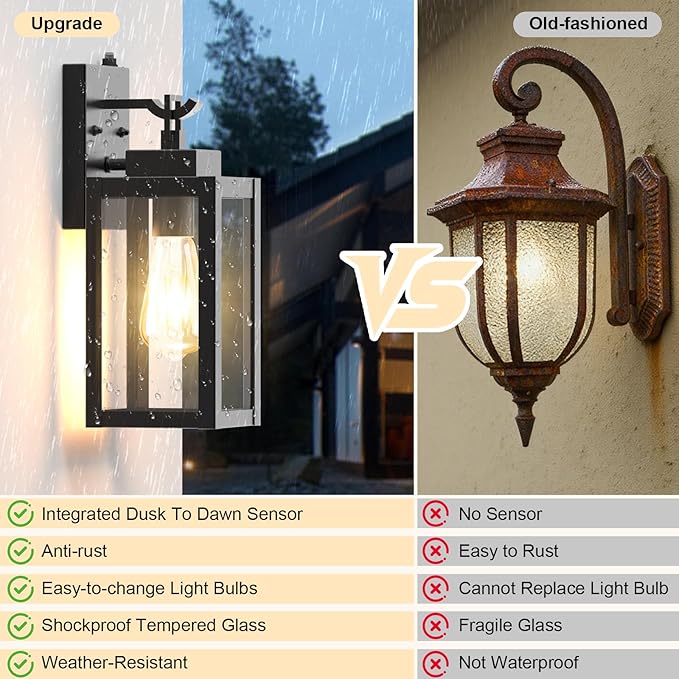 LTBLIGHT 2-Pack Dusk to Dawn Outdoor Wall Lights, Modern Black Sensor Porch Light Fixtures, Waterproof Exterior Lighting for House, Garage, Patio, Front Door, 100-120Vac