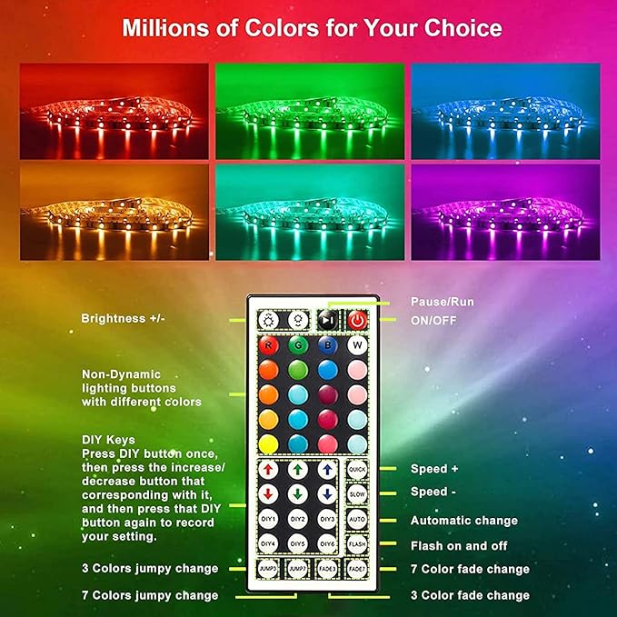 CHARKEE LED Lights for Bedroom 50 ft, Color Changing LED Strip Lights with 44-Key Remote, 12 Volt RGB SMD5050 Tape Lighting for Bedroom, Room Decor, Indoor,IG,TikTok,DIY(44key Remote)