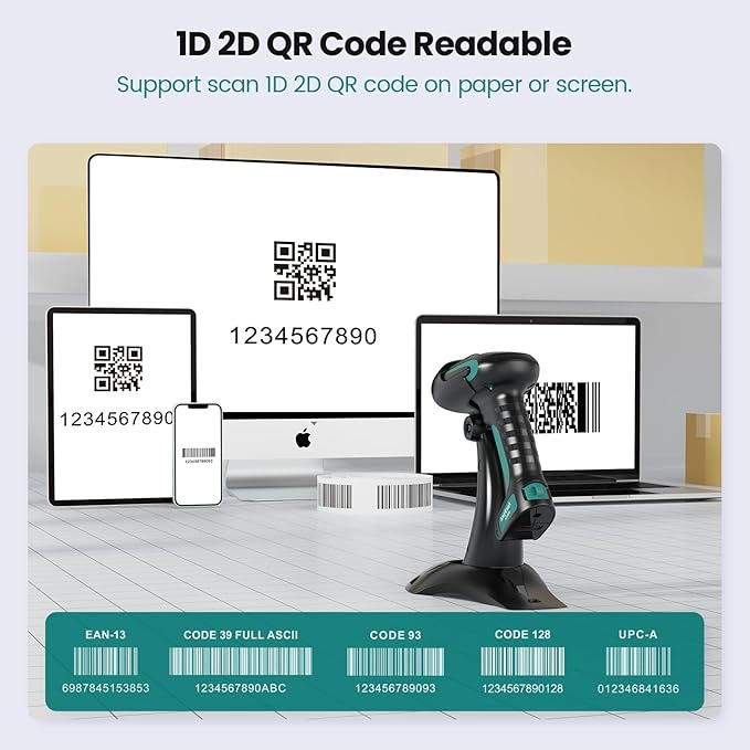 Anyeast Wireless Barcode Scanner with Stand, Industrial 1D 2D QR Bluetooth Barcode Scanner for Android, iOS, Windows, Mac, USB Bar Code Reader Scanner with Drop Resistant Dustproof Waterproof