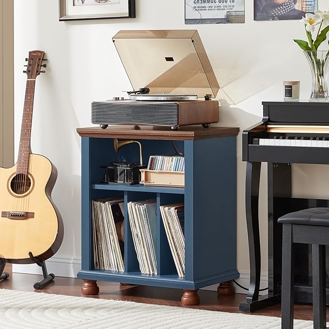 Joaxswe Record Player Stand with Charging Station Up to 200 Albums, 24" Wide Mid-Century Record Player Table with Vinyl Record Storage,Large Wood Turntable Stand Dispaly Cabinet for Living Room,Blue
