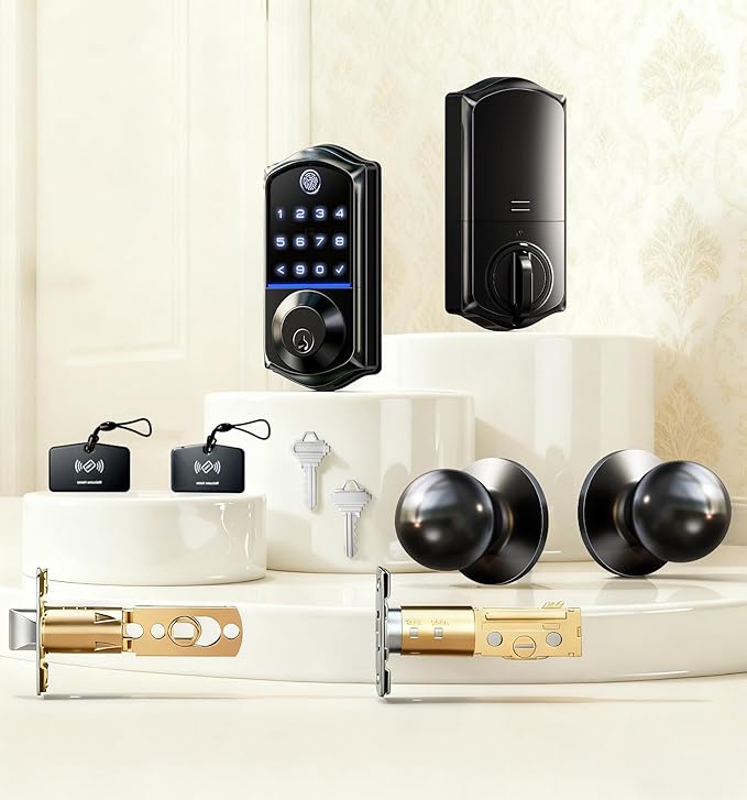 Veise VE017-K Fingerprint Smart Lock with 2 Knobs, App Control, Keyless Entry Front Door Lock with Handle Set, Electronic Digital Touchscreen Keypad Deadbolt, IP55 Waterproof, Auto-Lock, Matte Black