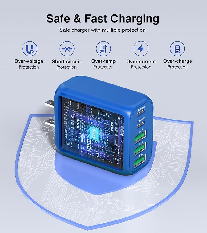 (2-Pack) 60W USB C Wall Charger Block, 5-Port C Charger Fast Charging Block PD Power Adapter +QC 3.0 Multiport Type C Box Brick Cube USB A Wall Plug for iPhone 15/16/17 Pro Max,Samsung (Dark Blue)