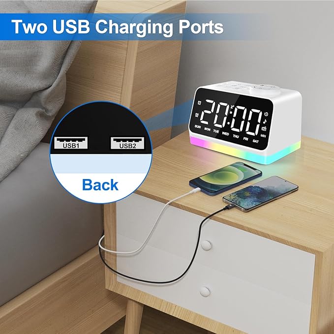 JALL Digital Alarm Clock with FM Radio for Bedroom, 8 Colors Night Light with 2 Charging Port, Sleep Sound Machines with Timer, Dual Alarm, Loud Alarm and Easy to Use for Seniors and Kids as Gift