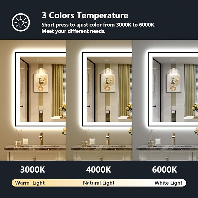 YEELAIT 48x36 Inch LED Bathroom Mirror with Lights (Front Lit and Backlit) Black Framed Lighted Vanity Mirror for Bathroom Wall Dimmable Anti-Fog Memory Tempered Glass Horizontal/Vertical