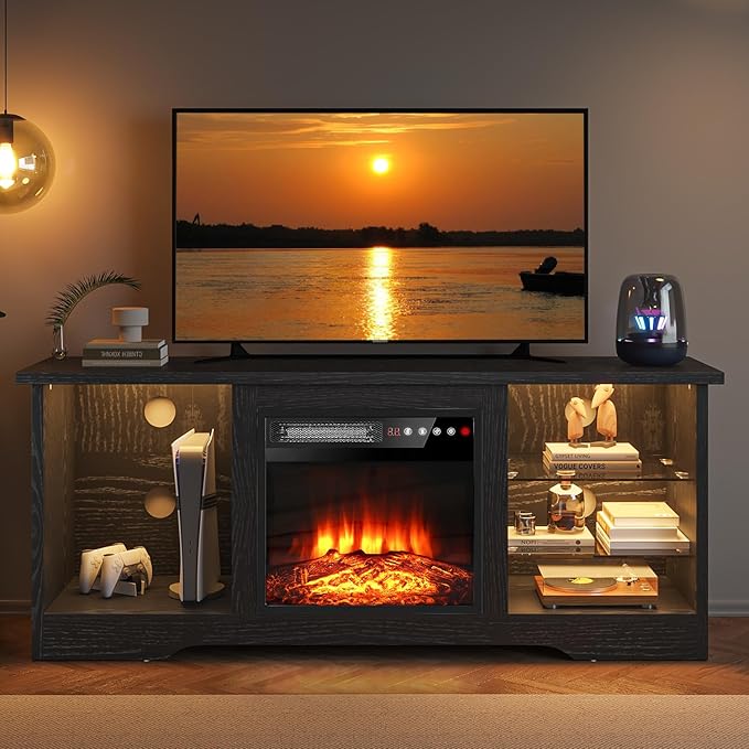 VITESSE 58 Inches Fireplace TV Stand for TVs up to 65 Inches Console with 18'' Electric Fireplace & Remote,Wooden Modern Entertainment Center for Living Room with LED Light Glass Shelves（Black）