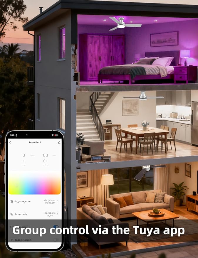 Homlit 42" RGB Ceiling Fan with Light, Music Sync Smart Fan with Alexa/Google/App Control, Low Profile Flush Mount, 6-Speed Quiet DC Motor, 4 CCT Dimmable Lighting for Bedroom Living Room, Silver