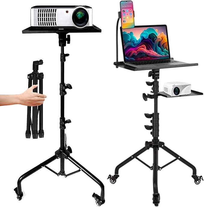 Prozipy Laptop & Projector Tripod Stand Adjustable Height 26 to 51” Wheely Portable Laptop Stand With Gooseneck Phone Holder - For Movie, Meeting, Book, DJ Equiqment