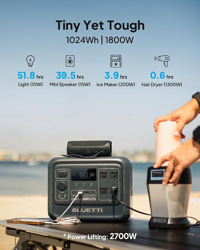 BLUETTI Elite 100 V2 Solar Generator with 200W Solar Panel (Ships Separately), Portable Power Station 1024Wh w/ 4 1800W AC Outlets, 35% Smaller, Ideal for Camping, Emergencies, Backup Power