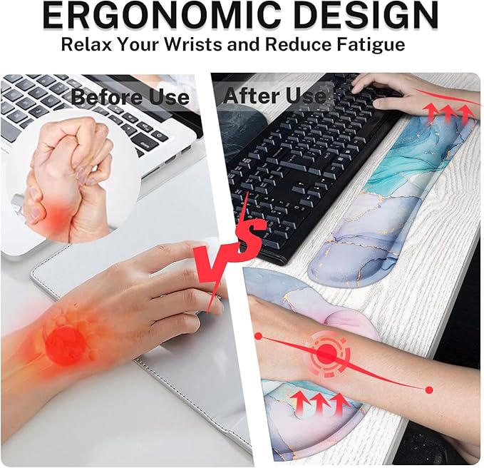 Britimes Blue Purple Liquid Marbling Keyboard Mouse Pad Set 4in1 Large Mousepad+Keyboard Wrist Rest+Mouse Wrist Rest+Coaster Ergonomic Design for Home Office Computer 35.4x15.7 inches