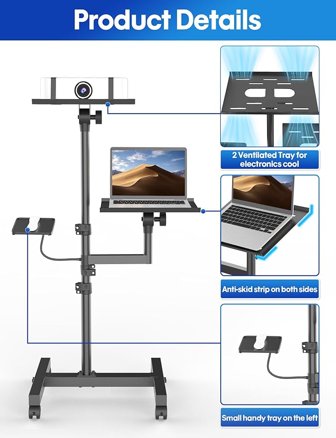 ORWOD Projector and Laptop Stand Tripod, 2 Shelves Mobile Laptop Tripod Stand, Max 47" Height Adjustable Laptop Cart on Wheels, Projector Floor Stand with Ventilated Tray for Podium, Meeting, Couch