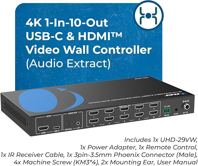 OREI 4K 3x3 Video Wall Controller – HDMI & USB-C Video Wall Processor, 1080p Output per Screen, Multi-Layout Display Modes, 180° Rotation, Bezel Control, RS-232, Audio Extraction