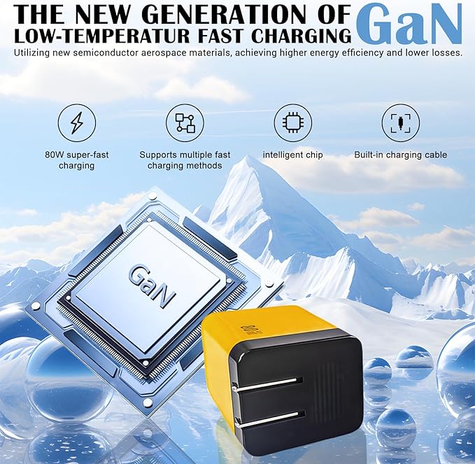 80W GaN Fast Charger with Retractable USB-C Cable 3-in-1 Wall Charger Block with Built-in Type-C Cord & 2 USB Ports, PD 3.0 & QC 4.0 Fast Charging for iPhone 15/16/17, Samsung Galaxy, Pixel, iPad Y