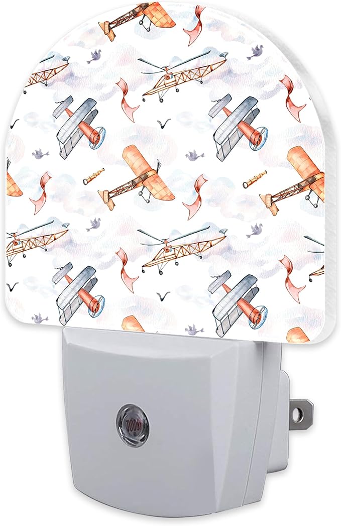 sndheke Funny Cartoon Airplanes Night Light, Retro Watercolor Planes Dusk to Dawn Night Light Plug in,0.5w Energy Saving Sleep Friendly NightLight for Kids Boys Girls Home Decor