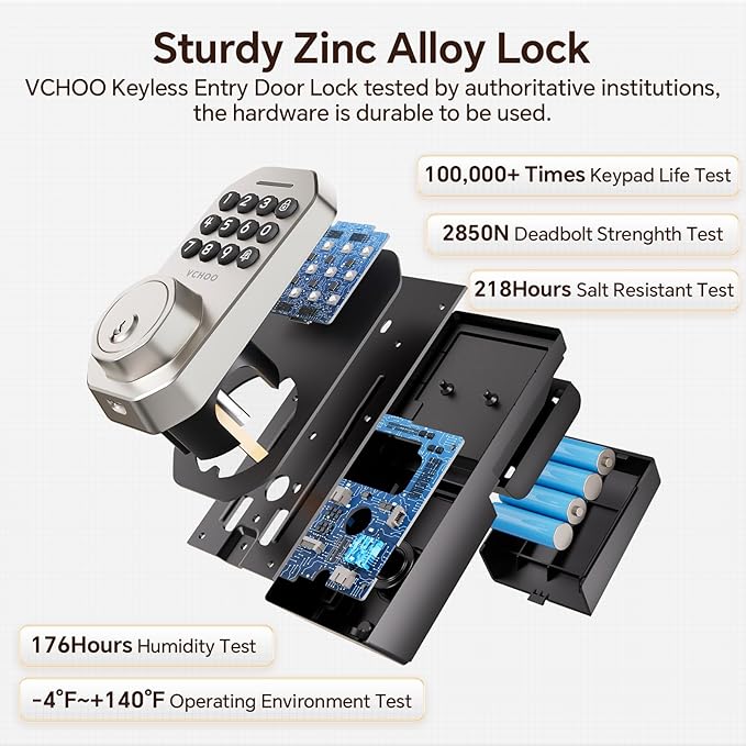 VCHOO Keyless Entry Door Lock Set WiFi Smart App Control Door Lock for Front Door Keypad Deadbolt with 2 Knobs Auto Lock One Time Codes Easy Install, Satin Nickel