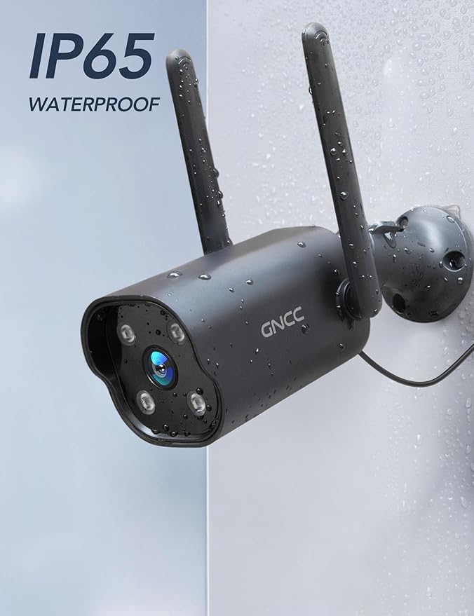 GNCC 2K Outdoor Security Camera, IP65 Weatherproof, Night Vision, Motion Sound Detection, Two-Way Audio, CCTV Camera for Home Compatible with Alexa & Google Home, 2.4GHz WiFi, 10ft Power Cable Black