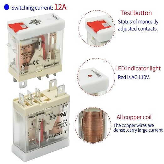 12 Amp Power Relay Switch Electromagnetic with Test Button 110V 120V SPDT 1NO 1NC Socket Base with Indicator Light, UL Certification (5 Pin- 12A, AC 110V)