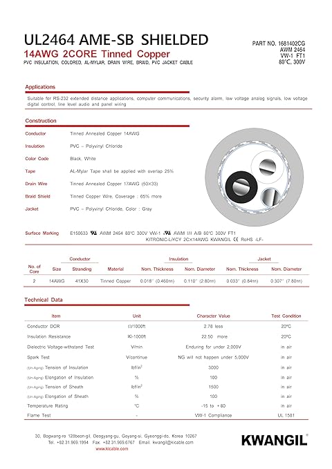 KWANGIL 2C 14AWG AMESB Shielded Cable Wire (UL2464) - Flexible Str TC, PVC Ins, OS+Drain+TC BRD, PVC JKT for CNC Machine, Stepper Motor, VFD Spindle (Gray 50FT)