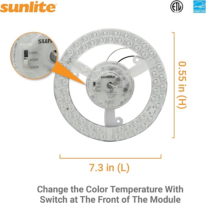 Sunlite 88479 7.3-Inch AC LED Light Engine Module, 15 Watts (100W=), 1350 Lumens, Color Selectable 30K/40K/50K, Dimmable, 50,000 Hours Life Span, 120v, ETL Listed